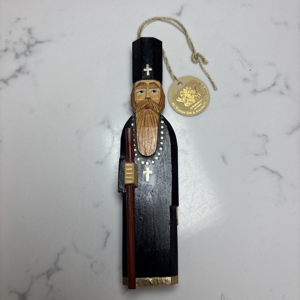 Russian Hand Carved Wood Painted Orthodox Priest Figural Ornament Icon 5.5" New